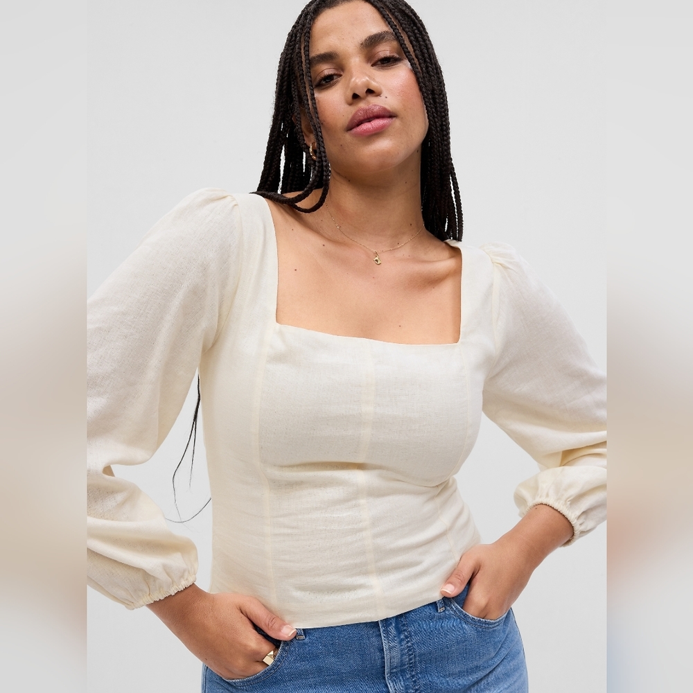 Linen Puff Sleeve Top Large Natural Square Neck Large Petite